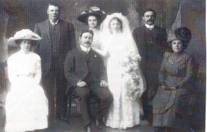 O'Neil- Osmond wedding 1911, Back row standing William 'Bill' Bennit, Elizabeth Bennit, unknown man, Front row seated Vera Mills, Michael O'Neill (groom), Maude Alice Osmond (bride) , Blanche Osmond (mother of the bride)