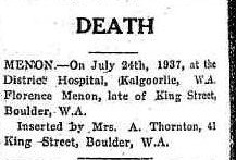 Death Notice of Florence Manon - Florence left Annie Thornton 34 pounds in her will.