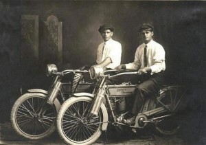 Inventors:- William Harley and Arthur Davidson on their bikes in 1914