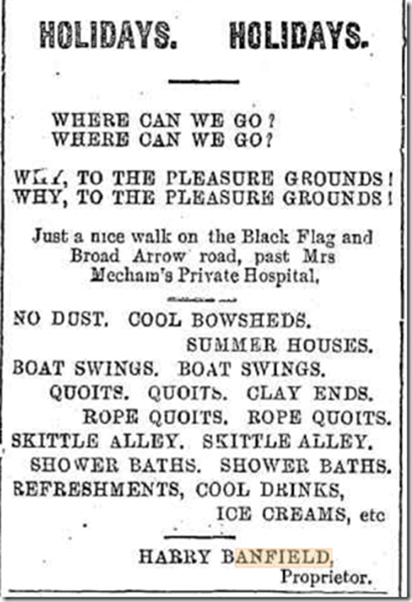 The site in Broad Arrow Road was also some sort of playground run by Harry Banfield. Kalgoorlie Miner 7 Jan 1899.