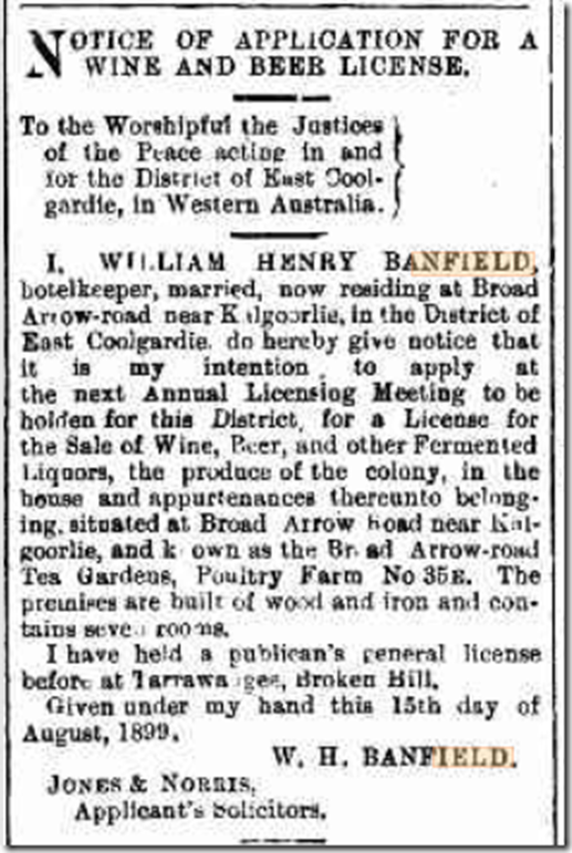 The start of what became the Star Beer and Wine Saloon in Broad Arrow Road Kalgoorlie by Mr W H Banfield. Kalgoorlie Miner 18 Aug