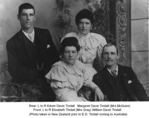 Rear.L to R Edwin Davis Tindall Margaret Davis Tindall [Mrs McGuire] Fron row L to r Elizabeth Tindall [Mrs Gray] and William Davis Tindall. Photo taken in New Zealand prior to E.D Tindall coming to Australia. Photo supplied by Alwyn and Helen O'Connor of New