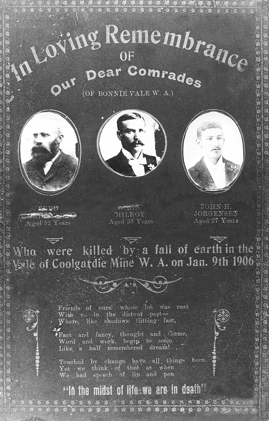 Funeral Card for the Victims of the Vale of Coolgardie Tragedy.