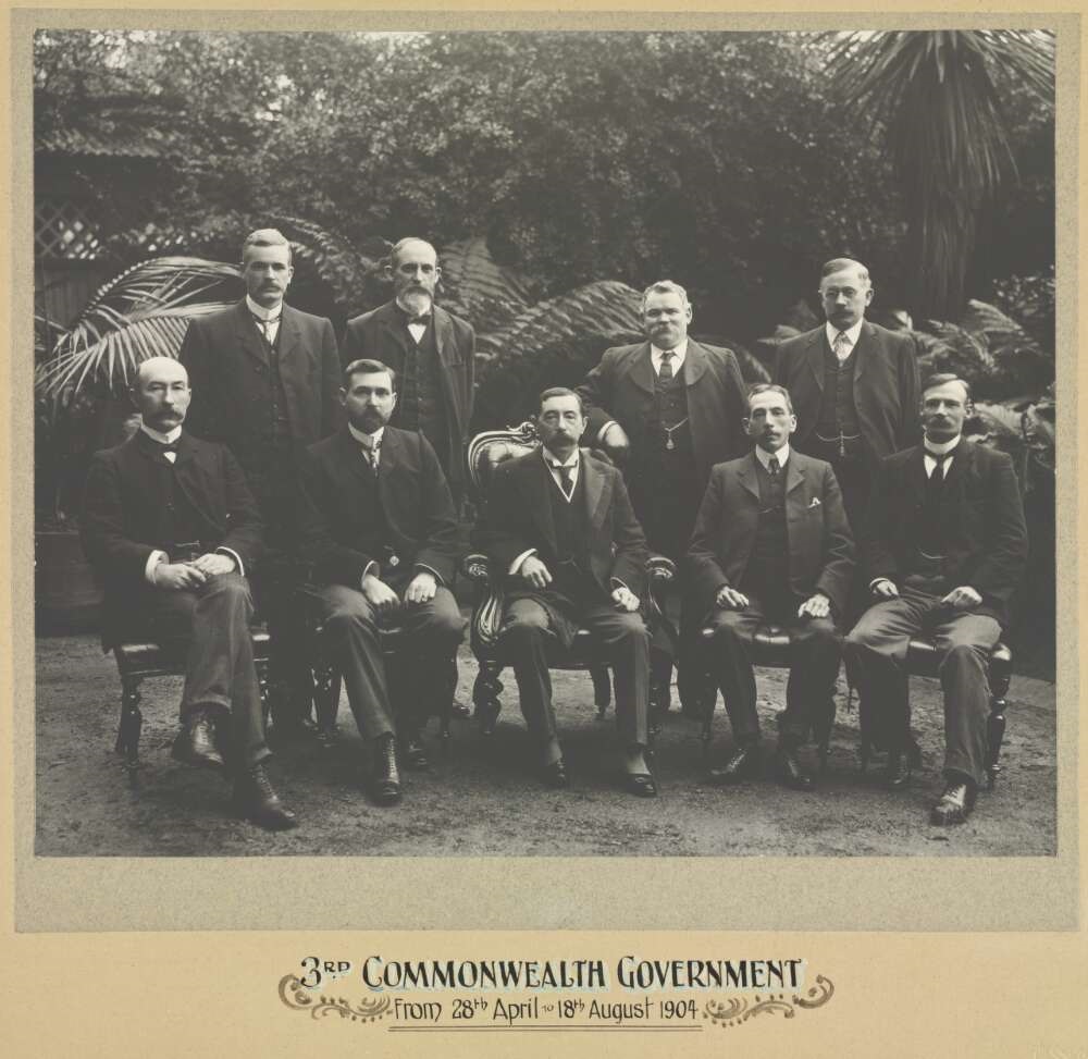 H.B. Higgins, Andrew Fisher, J.C. Watson, A. Dawson, Governor General Lord Northcote, G. McGregor, W.M. Hughes, Hugh Mahon, E.L. Batchelor.