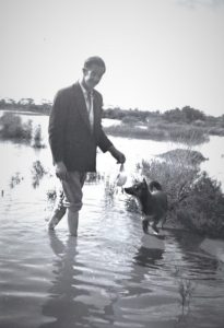 Dad (Milton Spain) and his dog Scotty, duck shooting, June 1951, at the Bullock Holes.