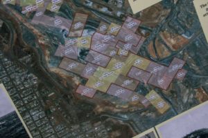 The original mining tenements pegged on the Golden Mile superimposed over a bird's eye view of the Super Pit. Supplied: Eastern Goldfields Historical Society