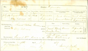 Marriage Certificate for Sam and Mary Pearce; they were married in the family home on July 8, 1867
