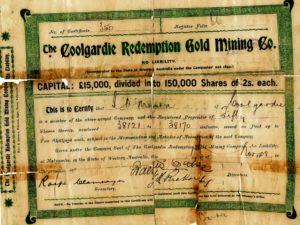 Share Certificate for the Coolgardie Redemption Gold Mining Co 1908