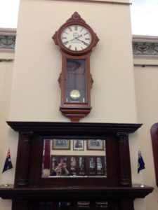 The Lindell clock in the Kalgoorlie Town Hall chamber.