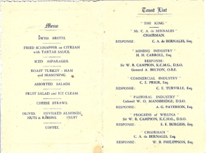 The full menu and Toast List for the Dinner.