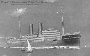 P & O Line’s RMS Moldavia (2) 1922-1938: 16,543 grt; 573 x 71; Cammell Laird & Co., built in Birkenhead, 1922, for Australia service, carrying 840 Tourist class passengers.