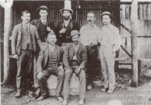 Group of Prospectors in Coolgardie 1895 Sitting Jim Matheson and john Wilberforce Standing left to right H Hill, W Alcock, P Toner, W McLellan, George Martin