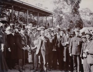 Edward Nicholls, wearing his medals awarded for bravery, with the Governor Sir Frederick Bedford at Claremont, 19 September 1906.