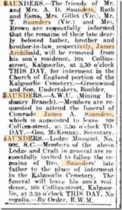 James Archibald Saunders died 23 September 1930