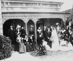 Guests at the wedding of Charles Deland and Effie Wyllie, April 1901, photographed in the garden by the verandah of a private residence in Adelaide. Photo State Library of South Australia