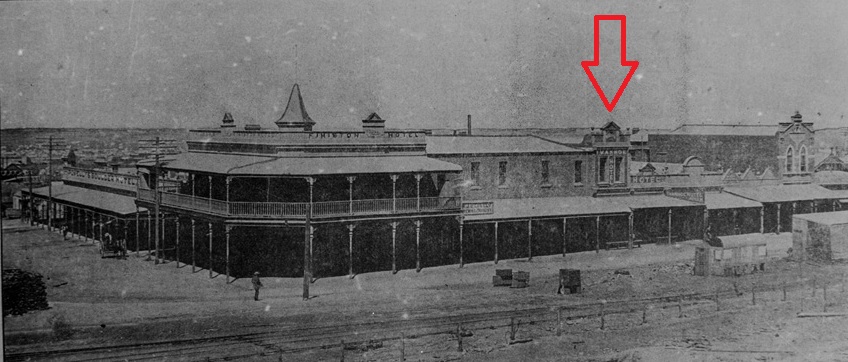 Moran's Ivanhoe Hotel marked with Red Arrow -Boulder Black - SLWA