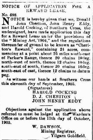 Southern Cross Times 23 September 1905 page 3.
