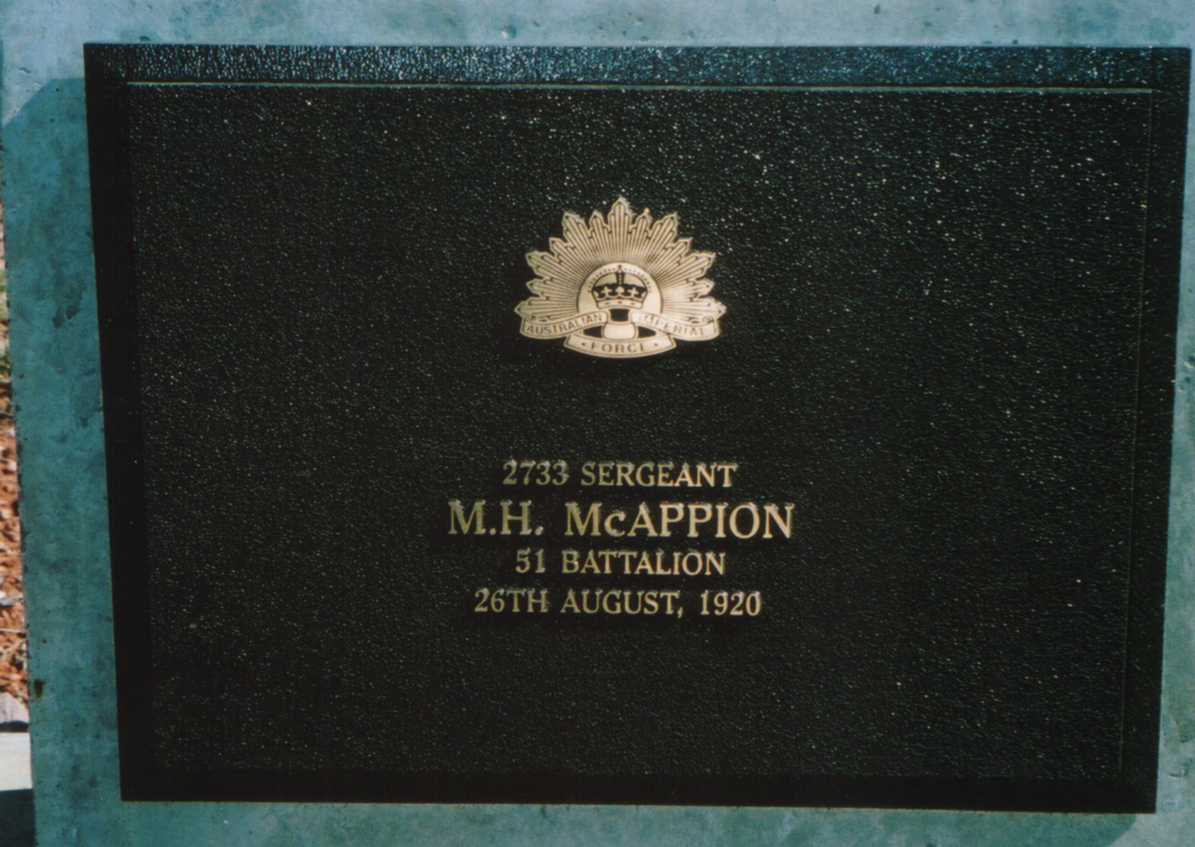 Plaque on Grave of M H McAppion -Leonora Cemetery