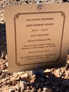 Plaque erected by John Robert Wigby’s great nephews Paul & Mark in 2024