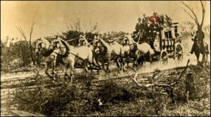An old illustration published in "The Sun" shows the coach from Malcolm, with Jimmy Nicholas and Sergeant O'Donovan on the box, a mounted trooper behind and £30,000 worth of gold under the driving seat. - Photo SLWA