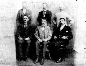 BULONG MUNICIPAL COUNCIL - Back Row: Cr. W. G. McLean, Cr J. S. Lyons, and The Town Clerk Mr M. McNaboe. Front Row: James Townsend (Mayor Elect), Mr R. C. Jones (Retiring Mayor), and Cr. C. G. Burden.
