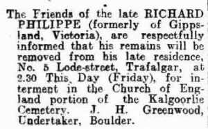 Funeral Notice for Richard Philippe - Kalgoorlie Miner 12 October 1906, page 4