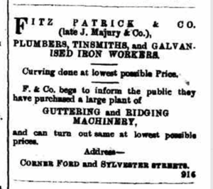 Fitzpatrick & Co. (late J. Majury & Co.), Plumbers, Tinsmiths and Galvanised Iron Workers (Advertising: Coolgardie Miner, 13 January, 1896, p.7).