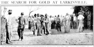THE TALK OF THE TOWN: A crowd of prospectors at Larkinville discussing the discovery of the Golden Eagle nugget They are outside O'Callaghan's store