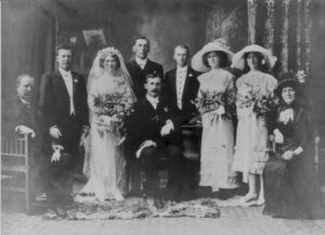 L-R William Hehir (father) Patrick Hehir Victoria (bride) back ? Lawrence Burns (Esther's brother) sitting William Looney (Higgins) John (Jack) Hehir, Mary (Mollie) Hehir (my grandmother) Veronica (Vera) Hehir, Esther Hehir nee Burns (mother) - Photo Ancestry.com