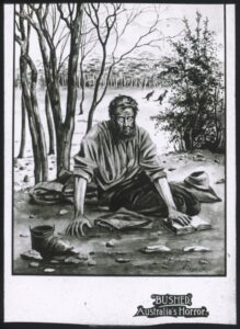 Drawing of a man dying in the bush, near Coorow, Western Australia, by Walker Hodgson, ca. 1895.