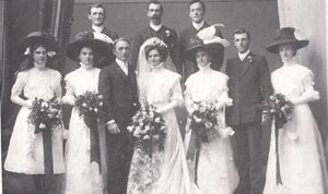 Wedding of William James WRIGHT to Nellie SIMPSON June 1910 ;Back Row: A M Wright – F H S Simpson - Ross Bosomworth Front Row: Clarice Simpson – Amy Simpson – William and his bride – W R Wright – Flos Wright.