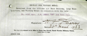 Receipt for the medals of James Webster Berry to his wife Helen F Berry 1923A full history of James Webster's military service can be found on the Tun