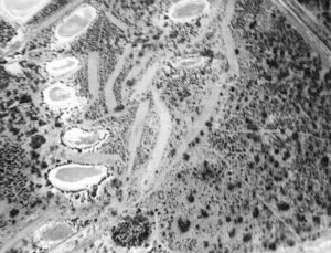 Aerial photo of the Hillside Golf course shows the layout of the holes and ‘greens’ alongside the salt pans. (Dave Eames)