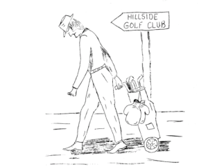 Depiction in the May 1972 Dowd’s Hill Chronicle of a golfer heading off to the Hillside Golf Club with his clubs and boxing gloves for a tough game of golf