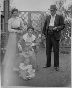 Left to right: Elizabeth Cleland (daughter by a former marriage), Anne Emily Cleland, Donald Mackinnon Cleland (born 24 January 1901), Elphinstone Davenport Cleland (Manager, Bailey's Mine, Coolgardie), approximately 1901.