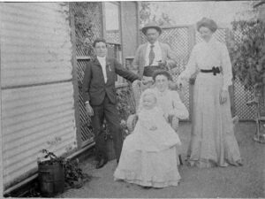 Left to right: Samuel Cleland (son by former marriage), Elphinstone Davenport Cleland (Manager, Bailey's Mine, Coolgardie), Anne Emily Cleland, Donald Mackinnon Cleland, Elizabeth Cleland, approximately 1901.