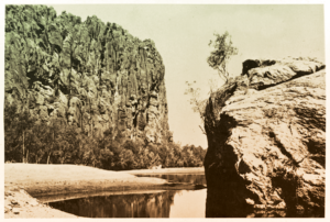 Windjana Gorge on the Lennard River, sacred to the Bunuba people of the Kimberley District, is where on November 16, 1894, Pigeon’s band of 50 warriors fought 30 heavily armed Kimberley police to a standstill. Pigeon escaped without a major injury, but his uncle, Chief Ellemarra was killed. Image SLWA