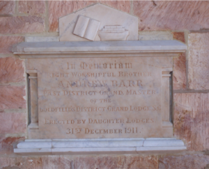 Masonic Plaque - Andrew BARR now at the masonic Hall in Kalgoorlie after being removed from the Coolgardie hall when it was demolished. - Photo Doug Daws
