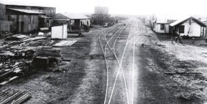Kurrawang Rail Yards looking west with offices and stores on the right and workshops on the left - Photo SLWA