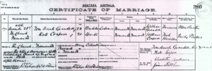 Marriage certificate of Kate Cooper and Tom Grandell in 1896 – two years after she arrived in Fremantle.