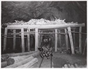 Gold miners pushing logs on rail cart while timbering a shaft at the 2600 ft level in Chaffers Gold Mine, 1948 - Photo SLWA