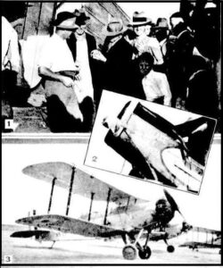 1. Mr Whelan (third from left) on arrival. Mr n Stuckey is examining Whelan’s damaged hand.2. The nose of the DH 50 which piolet Baker made the flight. 3. Two R.A.A.F Wapiti machines and the DH 50 at the aerodrome at Forrest.