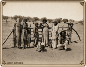 A group of Aboriginal people standing at a gate on the Lake Way Station, 1900 - Robin Panousieris.