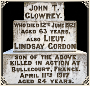 Grave of John Thomas GLOWREY in Karrakatta Cemetery Perth. His son is memorialised on the headstone but is buried in France. Also biuried with him is his wife Hannah - Image Find a Grave